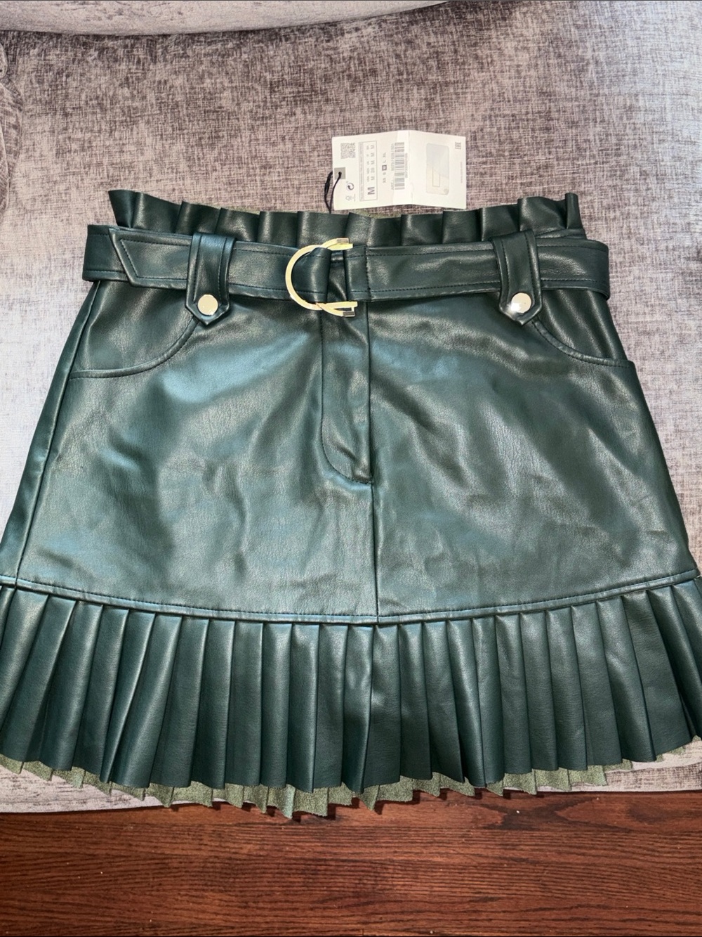 Zara Dark Green Faux Leather Pleated Mini Skirt with Belt